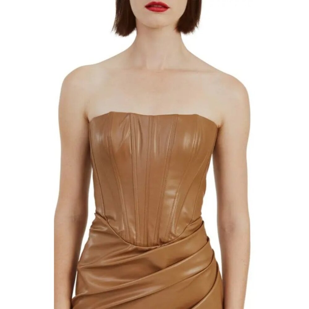 Bardot Everlasting Faux Leather Dress in Camel 2 New Womens Vegan Strapless Midi - Picture 13 of 16